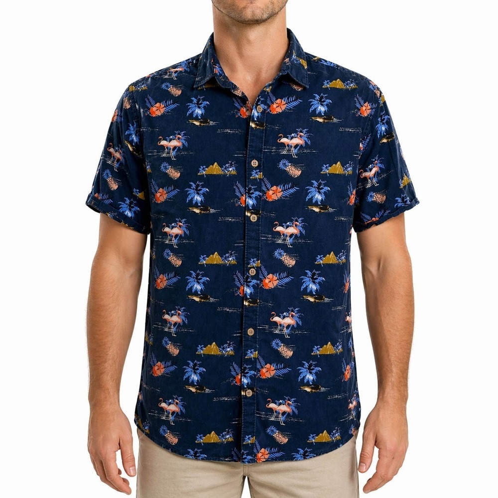Denim & Flower Ricky‎ Singh Shirt XL Flamingos Pineapples Palms Volcanos